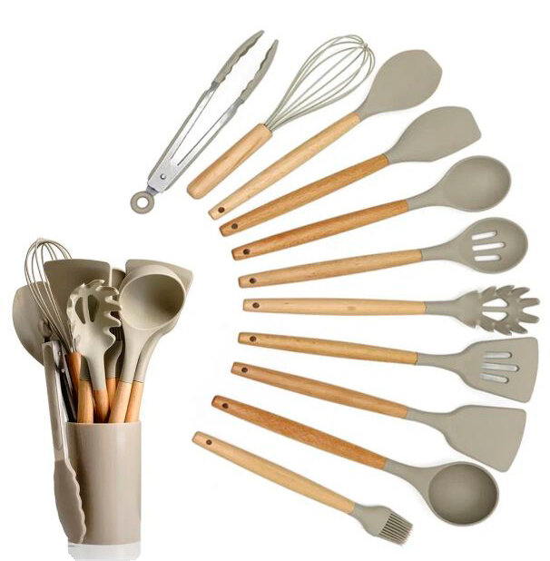 Набор навесок / кухонных принадлежностей Kitchen Set силикон (11 шт + подставка) бежевый — фото 2