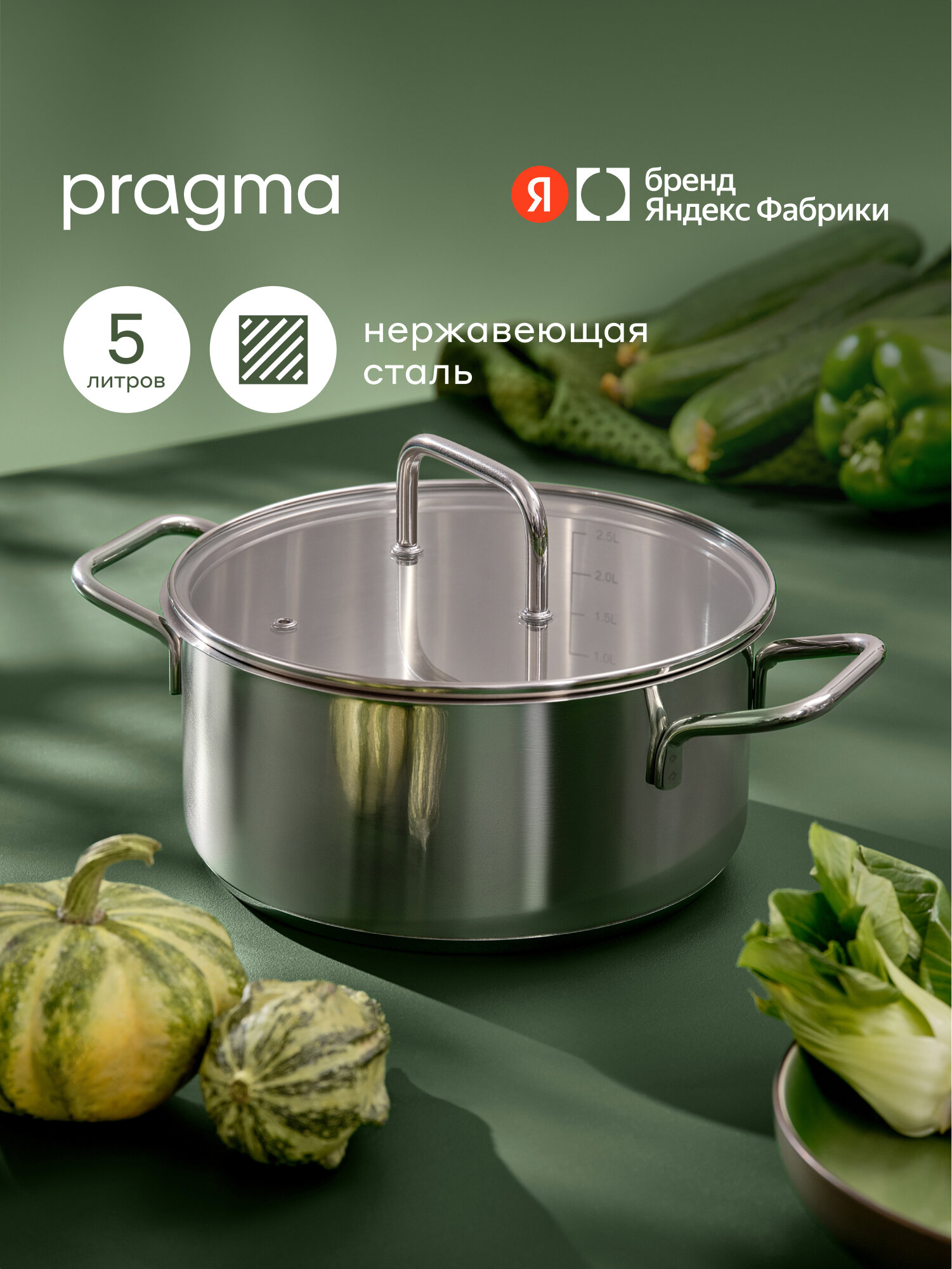 Кастрюля из нержавеющей стали Pragma Folag 5 л крышка в комплекте, индукция