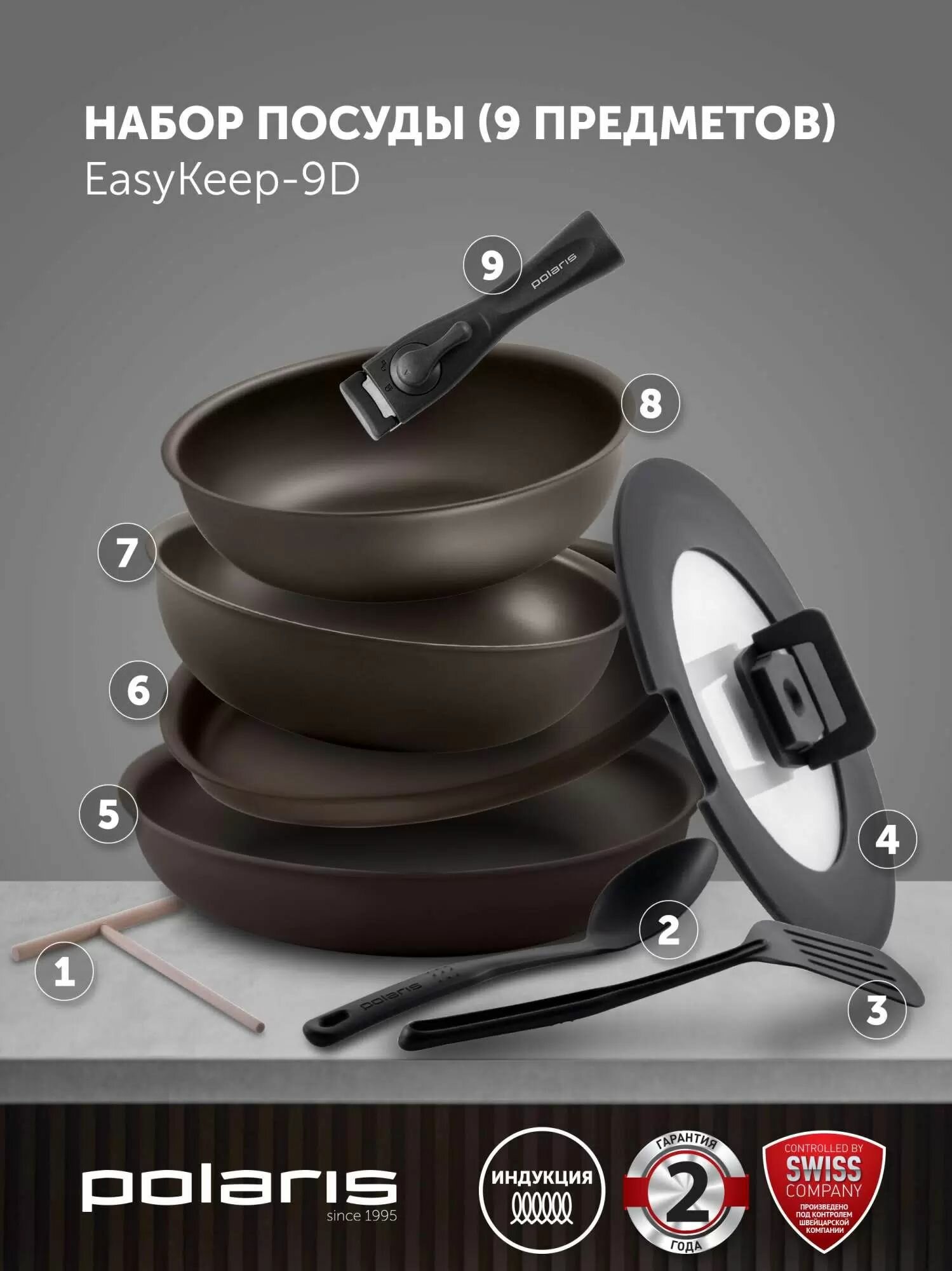 POLARIS Набор посуды EasyKeep-9D cо съемной ручкой / 9 предметов, набор сковородок