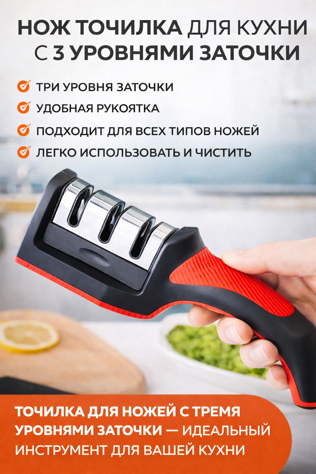 Точилка , для ножей, трёхступенчатая, заточка, полировка, шлифовка, регулировка