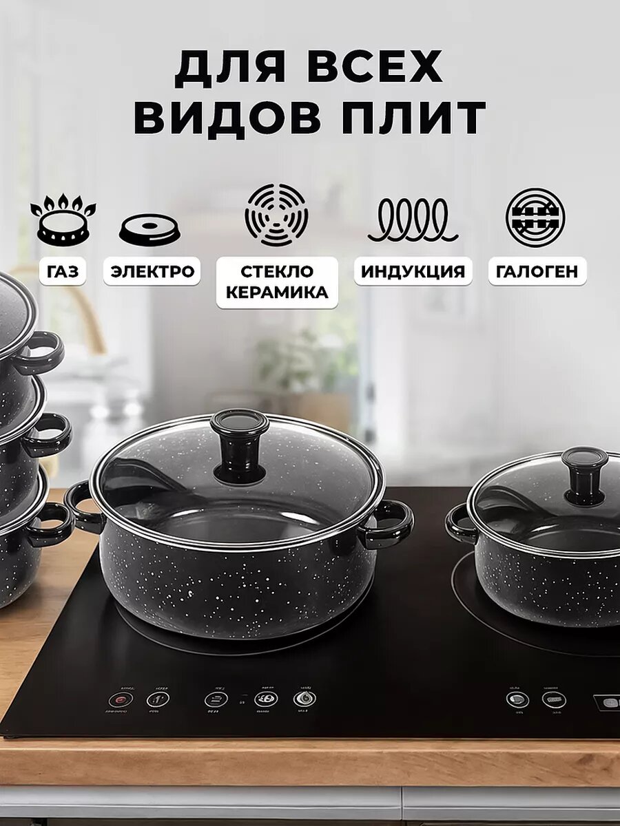 Набор кастрюль с крышками - эмалированные, 5 штук — фото 2