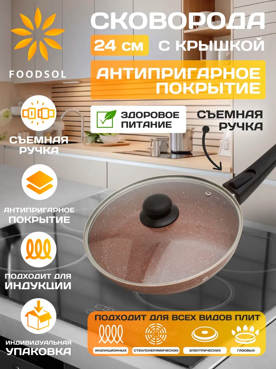 Сковорода антипригарная 24 см с крышкой и съемной ручкой, сковорода для индукционной плиты